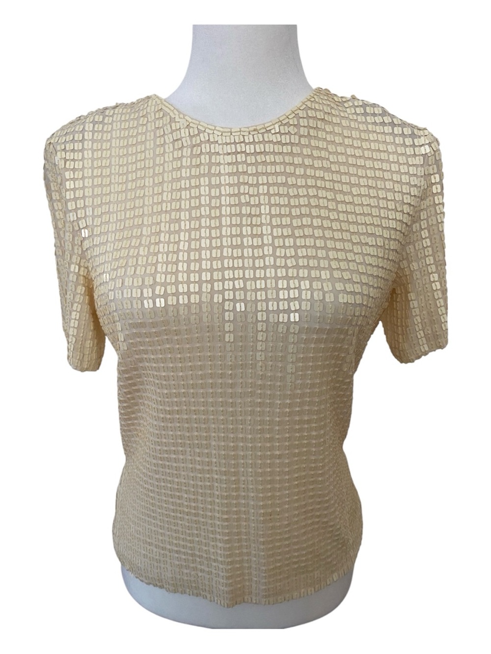 Rena Lange Ivory Sequin Mesh Evening Top Shoulder Pads Size 12